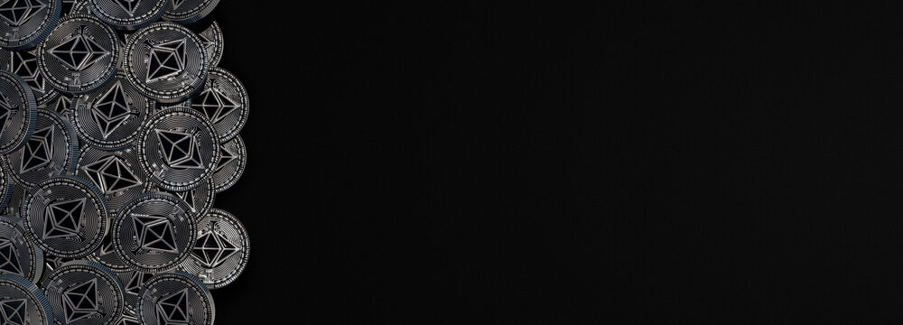Scattered ethereum coins isolated on black background. Horizontal crypto banner template blank. ETH cryptocurrency blockchain design blank