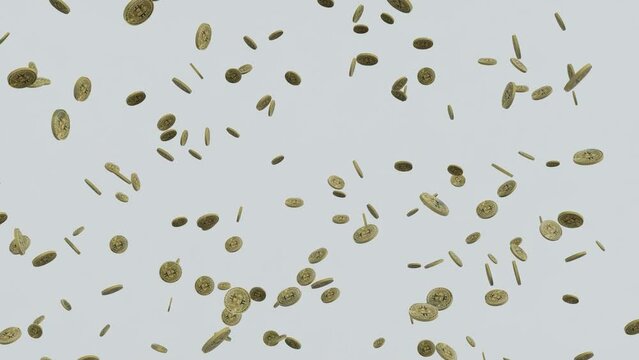 Falling golden bitcoin coins on white background. Horizontal crypto banner pattern illustration. BTC Winning, gainings, earning payment wealth metaphor