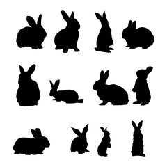 Silhouettes of Various Rabbit Poses in Black
