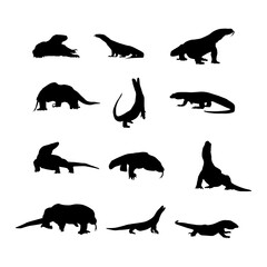a collection of vector silhouettes of Komodo dragons in various styles