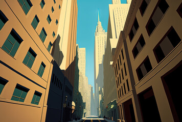 During the day, a vertical shot of an alleyway in the midst of skyscrapers with a blue sky is seen. Generative AI