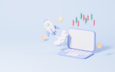 Flying up rocket and stocks in the blue background, Business startup and growth statistics trading,3d rendering.