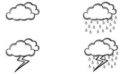 a collection of hand drawn of cloudy clouds, rain clouds and thunderclouds during the day on white background