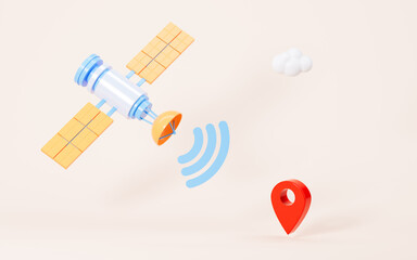 Satellite positioning and signal transmission in the yellow background, 3d rendering.