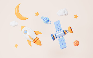 Cartoon satellite and rocket in the yellow background, 3d rendering.