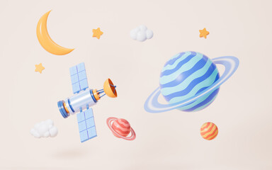 Cartoon satellite and planets in the yellow background, 3d rendering.