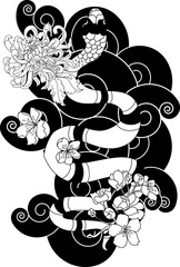 red snake vector and Cherry flower spring season vector illustration background.Poster design Red snake Reptile and Sakura flower for printing and tattoo.