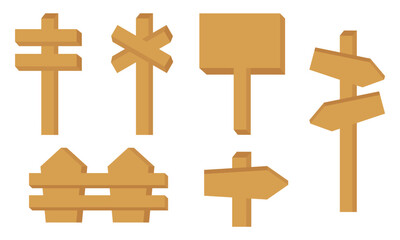 set of illustrations of wooden signs on a white background
