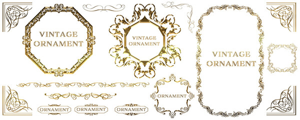 グラフィック素材、ゴールドメタリックのオリエント柄、アラベスク柄、アンティーク、飾り罫ビンテージのフレームのセット