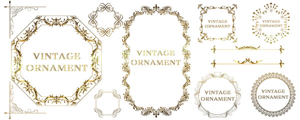 グラフィック素材、ゴールドメタリックのオリエント柄、アラベスク柄、アンティーク、飾り罫ビンテージのフレームのセット