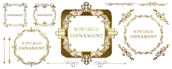 グラフィック素材、ゴールドメタリックのオリエント柄、アラベスク柄、アンティーク、飾り罫ビンテージのフレームのセット
