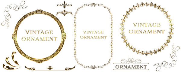 グラフィック素材、ゴールドメタリックのオリエント柄、アラベスク柄、アンティーク、飾り罫ビンテージのフレームのセット