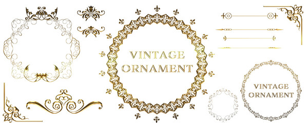 グラフィック素材、ゴールドメタリックのオリエント柄、アラベスク柄、アンティーク、飾り罫ビンテージのフレームのセット