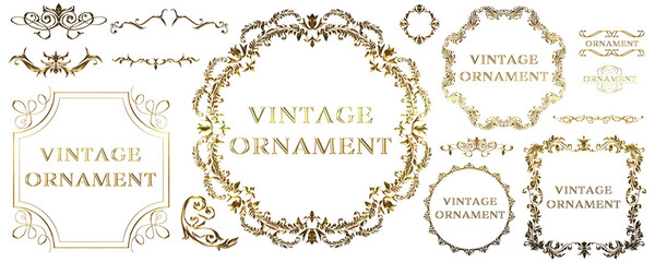 グラフィック素材、ゴールドメタリックのオリエント柄、アラベスク柄、アンティーク、飾り罫ビンテージのフレームのセット