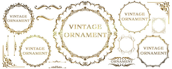 Set of graphic material, gold metallic orient pattern, arabesque pattern, antique, decorative ruled vintage frame
