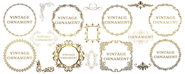 Set of graphic material, gold metallic orient pattern, arabesque pattern, antique, decorative ruled vintage frame