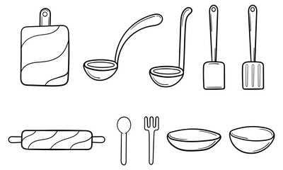 hand drawn collection of kitchen utensils on white background