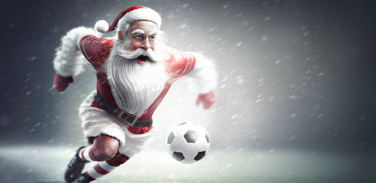 Santa Claus is a football player playing football running across a football field in the snow and playing with a soccer ball copy space panoramic