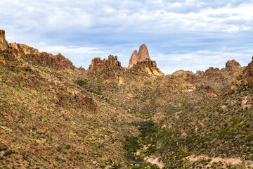 Fototapeta na wymiar Photograph of Weavers Needle in the Superstition Mountains in Arizona.