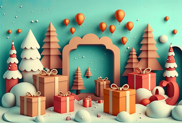 Christmas decorations with copy space and gift boxes. Generative AI