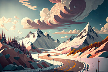 Cloudy skies and a winding road in the middle of snow capped mountains. Generative AI