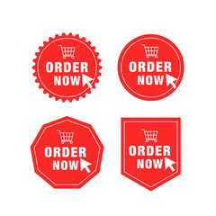 Order now red ribbons, online shopping web banners. Order now icons of corner bookmarks, tags, flags and curved ribbons of red silk