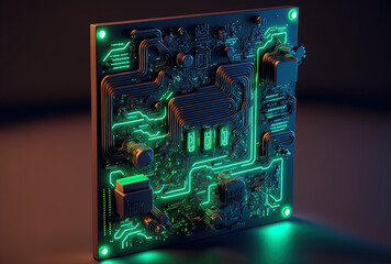 circuit board in the future with neon lights moving. Generative AI