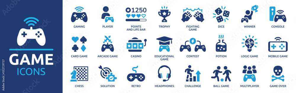 Wall mural game icon set. gaming icon elements containing points and life bars, console, player, chess, multipl - Wall murals
