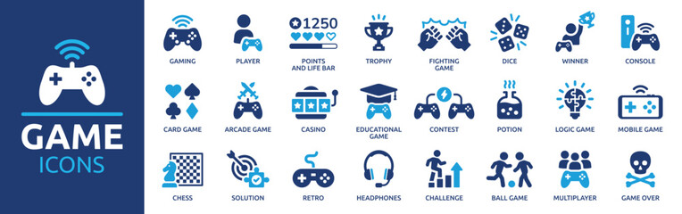 Game icon set. Gaming icon elements containing points and life bars, console, player, chess, multiplayer, casino and mobile game icons. Solid icon collection. - obrazy, fototapety, plakaty