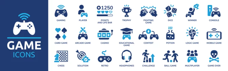 Poster Game icon set. Gaming icon elements containing points and life bars, console, player, chess, multiplayer, casino and mobile game icons. Solid icon collection. © Icons-Studio
