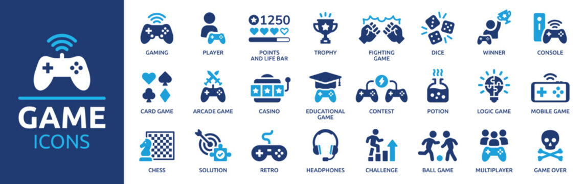 Game icon set. Gaming icon elements containing points and life bars, console, player, chess, multiplayer, casino and mobile game icons. Solid icon collection.