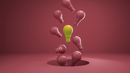 3D illustration of lightbulbs over a color background. Concept for creativity, innovation and ideas. Brainstorming.