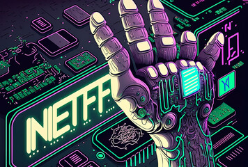 Concept of a cyborg hand touching nft letters on a motherboard of a circuit board. Generative AI