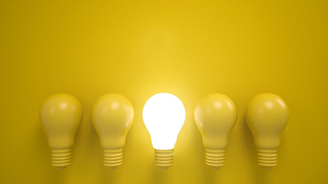 3d illustration Lightbulbs on a yellow background. Concept of ideas, creativity and innovation.