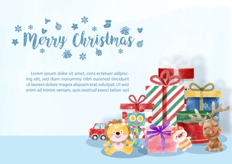 Christmas toys and gift box in watercolors style, Christmas wording and example texts on blue background.