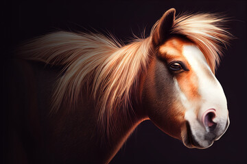 Illustration portrait of a funny looking chestnut brown pony horse in front of dark background. Content is created with generative ai