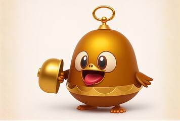 Character mascot of a brown chicken egg with a vintage golden school bell on a white backdrop. Generative AI