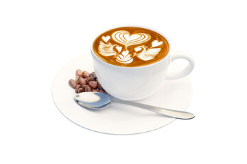 Coffee beans and silver spoon in white coffee cup created from a 3D program