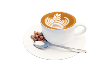 Coffee beans and silver spoon in white coffee cup created from a 3D program