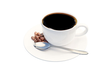 Coffee beans and silver spoon in white coffee cup created from a 3D program