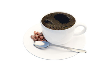 Coffee beans and silver spoon in white coffee cup created from a 3D program