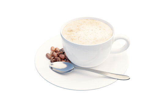 Coffee beans and silver spoon in white coffee cup created from a 3D program