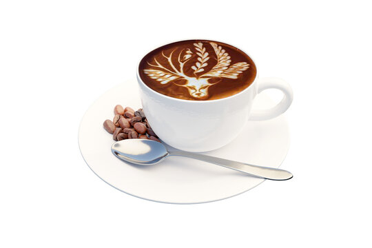 Coffee beans and silver spoon in white coffee cup created from a 3D program