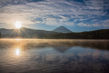 西湖から日の出と富士山