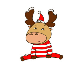 Cute cartoon deer in Santa hat and costume with snow around. Funny character for your winter  design.