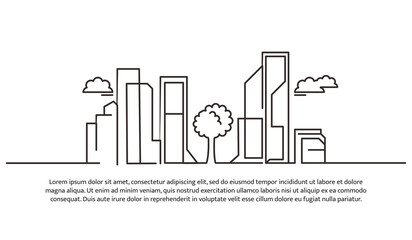 Continuous line design of cityscape. Friendly future city design concept. Panorama of skyscrapers. Decorative elements drawn on a white background.
