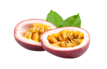 half passion fruit with leaf isolated on transparent png