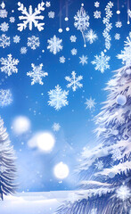 Fototapeta premium White Christmas. Winter holiday background with snowflakes and Christmas trees. Magical winter forest landscape. AI-generated image, digital illustration