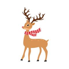 Cute Christmas reindeer with scarf in flat design on white background.