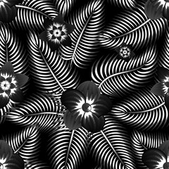 vintage palm leaves seamless pattern with abstract monochromatic floral on dark background. Summer design. Jungle print. Floral background. Seamless realistic vector composition, botanical pattern